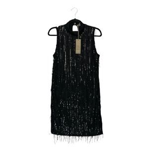 Carla Conti Sequin Fringe Cocktail Mini Dress NWT Womens Sz S Black Flapper Chic